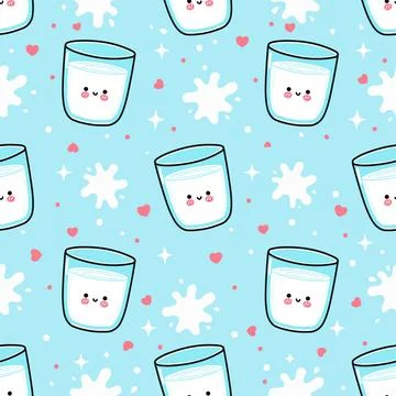 Cute glass of milk character pattern on blue background Stock Illustration