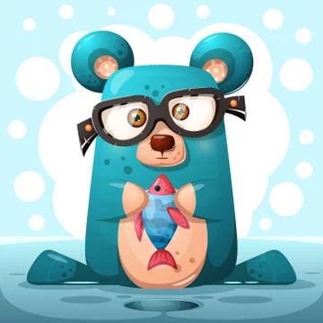 Cute glasses bear with fish Stock Illustration