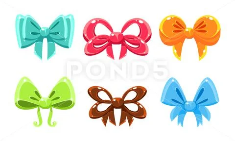Cute glossy bows of different colors, user interface assets for mobile apps or Stock Illustration