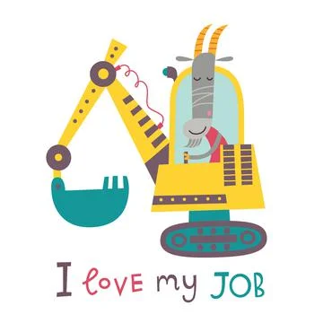 Cute goat excavator operator. Vector illustration on a white background.  Stock Illustration