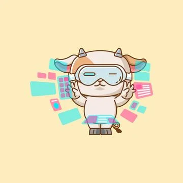 Cute goat interact virtual reality glasses vr kawaii chibi character mascot Stock Illustration