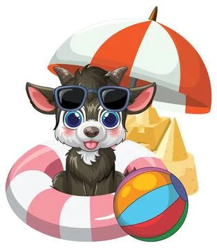 Cute goat vector art with beach ball, sandcastle, umbrella, and inflatable ri Stock Illustration