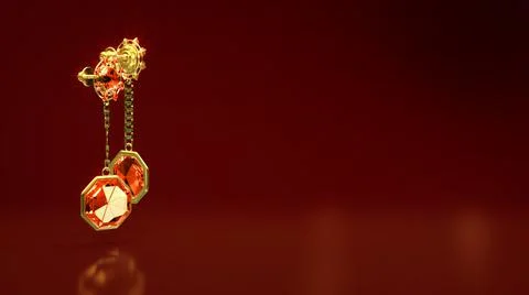 Cute gold eardrops with ruby gems on red backdrop, fictitious Illustrazione stock