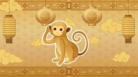 Cute golden monkey vector character sits before traditional lanterns and orna Stockillustratie