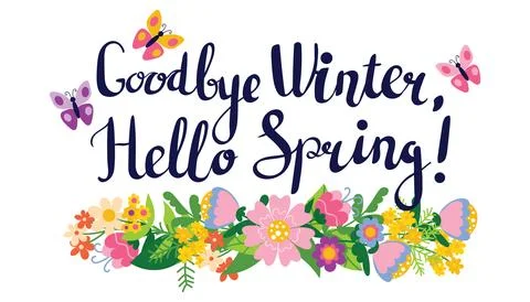 Cute Goodbye winter, Hello Spring lettering greeting card with floral compo.. 스톡 일러스트