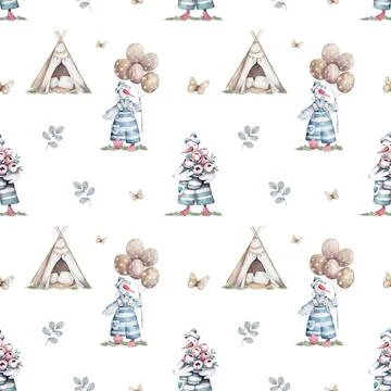 Cute goose with flowers seamless pattern design. Hand drawn watercolor Illustrazione stock