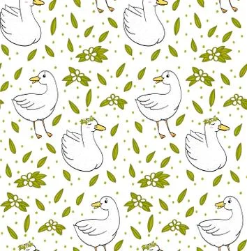 Cute goose pattern, duck with leafs, vector Stock Illustration