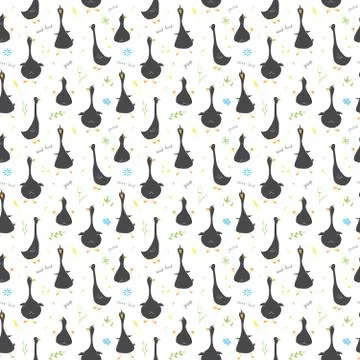 Cute Goose Seamless Pattern, Cartoon Hand Drawn Goose Doodles Vector Backgrou イラスト素材