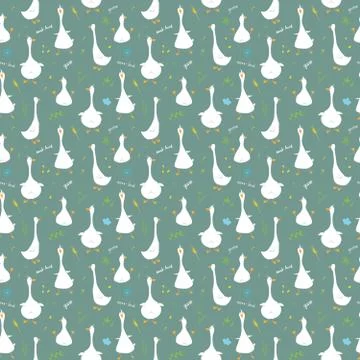 Cute Goose Seamless Pattern, Cartoon Hand Drawn Goose Doodles Vector Backgrou Stock Illustration