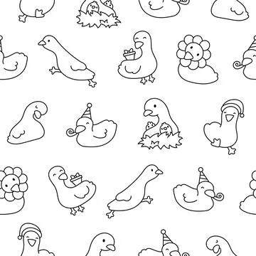 Cute goose. Seamless pattern. Coloring Page. Stock Illustration