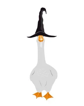Cute goose in a witch hat. Halloween design character, vector isolated illust Stock Illustration