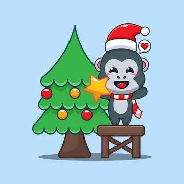 Cute gorilla decorating the Christmas tree on Christmas day. Stock Illustration