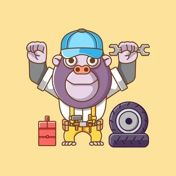 Cute gorilla mechanic with tool at workshop cartoon animal character mascot Illustrazione stock