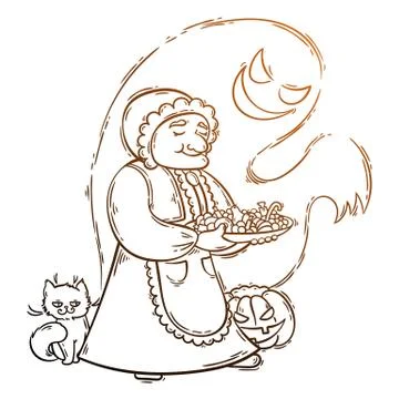 Cute granny with ghost and cat near pumpkin. Halloween card or poster. Ilustração Stock