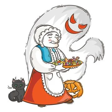 Cute granny with ghost and cat near pumpkin. Halloween card or poster. Ilustração Stock