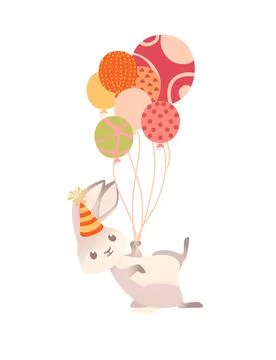 Cute gray bunny with cone hat flying on balloons cartoon animal design vector Stock Illustration