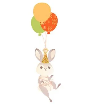 Cute gray bunny with cone hat flying on balloons cartoon animal design vector Stock Illustration