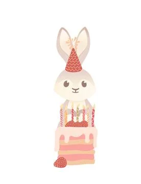 Cute gray bunny with cone hat ready to eating tasty strawberry cake cartoon Stock Illustration