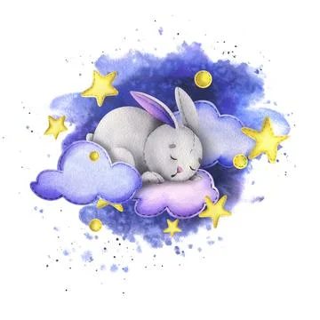A cute gray bunny sleeps on the clouds among the stars against the background of Stock Illustration