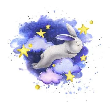 A cute gray bunny sleeps on the clouds among the stars against the background of イラスト素材
