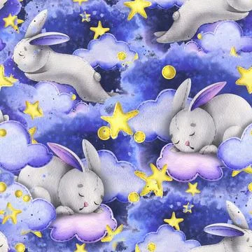 A cute gray bunny sleeps on the clouds among the stars against the background of Stockillustratie