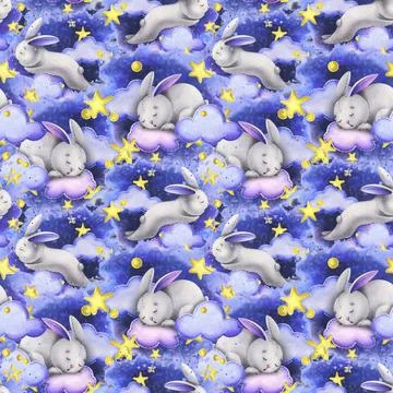A cute gray bunny sleeps on the clouds among the stars against the background of Illustrazione stock