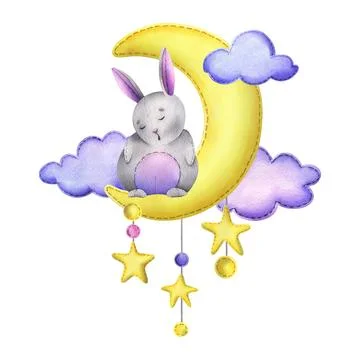 A cute gray bunny stitched sits and sleeps on a yellow moon with hanging stars Stock Illustration