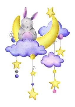 A cute gray bunny stitched sits and sleeps on a yellow moon with hanging stars Stock Illustration