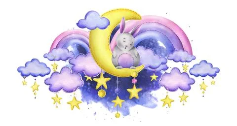 A cute gray bunny stitched sits and sleeps on a yellow moon with hanging stars Stock Illustration
