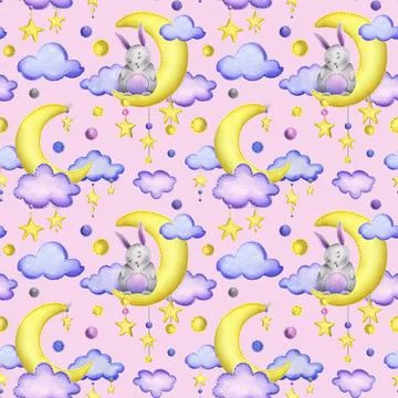 A cute gray bunny stitched sits and sleeps on a yellow moon with hanging stars Stock Illustration