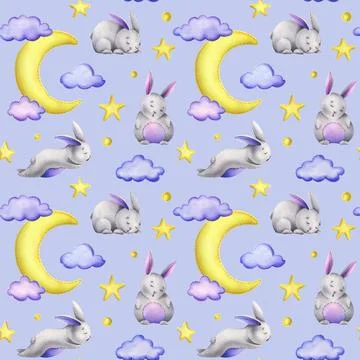 A cute gray bunny stitched sits and sleeps on a yellow moon with hanging stars Stock-Illustration