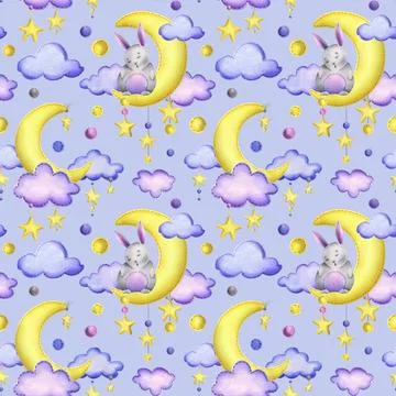 A cute gray bunny stitched sits and sleeps on a yellow moon with hanging stars Ilustración de archivo