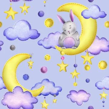 A cute gray bunny stitched sits and sleeps on a yellow moon with hanging stars Stock Illustration