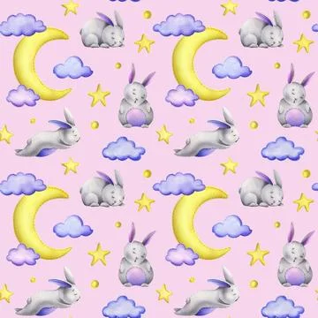 A cute gray bunny stitched sits and sleeps on a yellow moon with hanging stars Stock Illustration