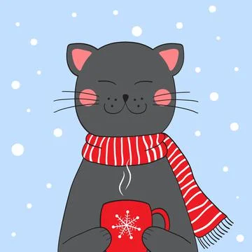 Cute gray cat with a cup of coffee. Cat in a red striped scarf on a snowy bac Stock Illustration