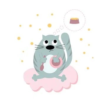 A cute gray cat with an empty plate and spoon is dreaming about food while si Stock Illustration