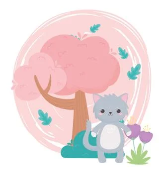 Cute gray cat flowers tree bush cartoon animals in a natural landscape イラスト素材
