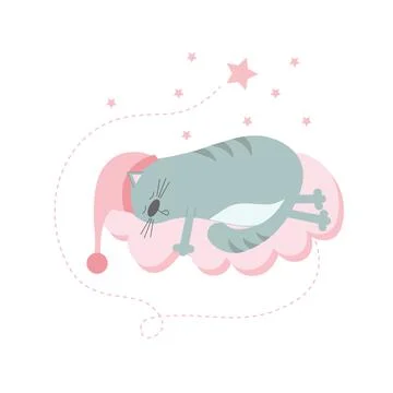 A cute gray cat in a night cap sleeps on a pink cloud. Baby shower. Postcard  Stock Illustration
