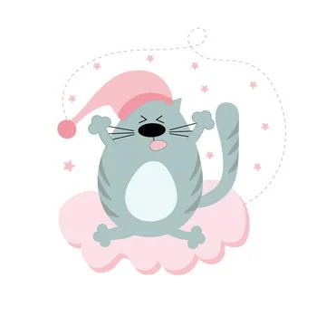 A cute gray cat in a night cap sits and stretches on a pink cloud. Baby showe Stock Illustration