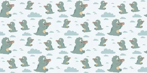 Cute gray dinosaurs with blue clouds seamless pattern background Stock Illustration