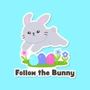 Cute Gray Easter Bunny with Colorful Eggs and Flowers Stock-Illustration