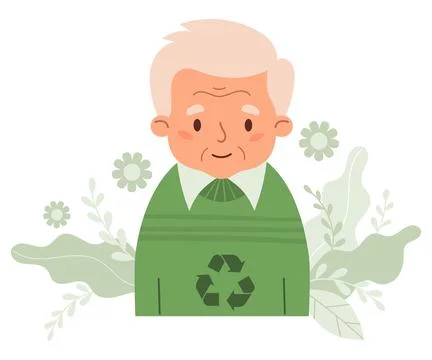 Cute gray-haired elderly man in fashionable sweater from recycling textile... Stock Illustration