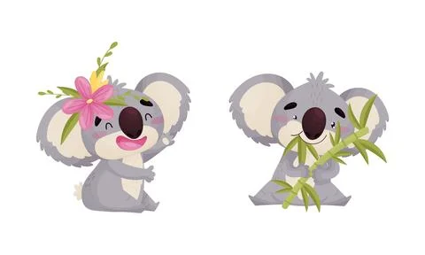 Cute Gray Koala Bear Chewing Bamboo Leaf and Waving Paw Vector Set Ilustración de archivo