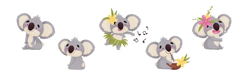 Cute Gray Koala Bear Engaged in Different Activity Vector Set Stock Illustration