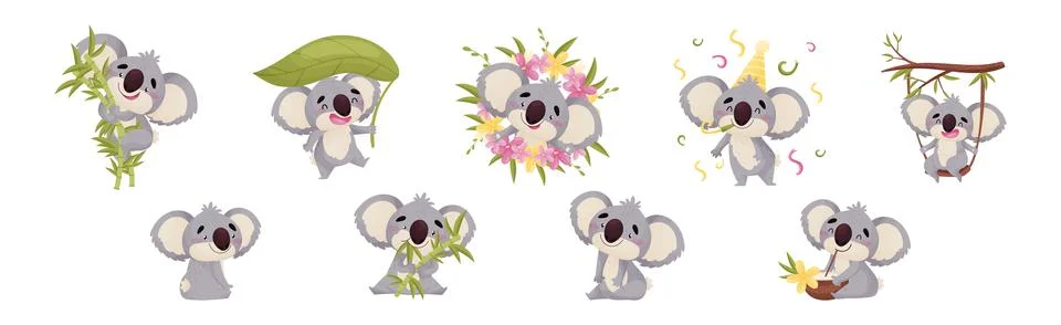 Cute Gray Koala Bear Engaged in Different Activity Vector Set Stock Illustration