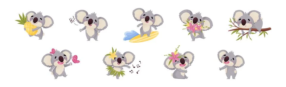 Cute Gray Koala Bear Engaged in Different Activity Vector Set Stock Illustration