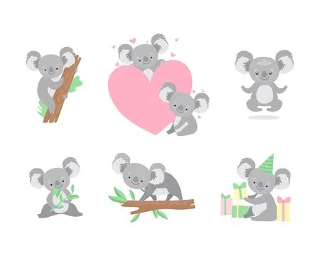 Cute Gray Koala Bear with Large Ears Engaged in Different Activity Vector Set Stock Illustration