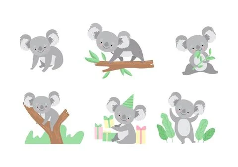 Cute Gray Koala Bear with Large Ears Engaged in Different Activity Vector Set Ilustración de archivo