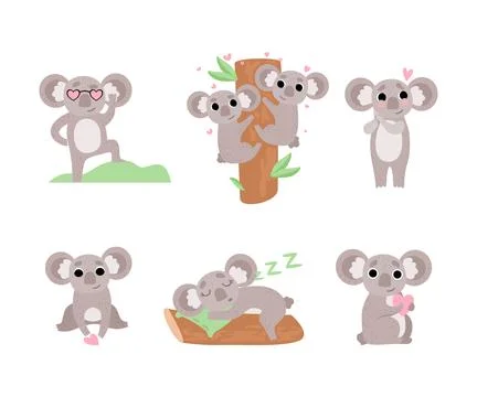 Cute Gray Koala Bear with Large Ears Engaged in Different Activity Vector Set Stock Illustration