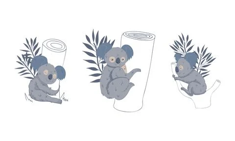 Cute Gray Koala Bear Sitting on Eucalypt Tree Trunk Vector Set Stock Illustration